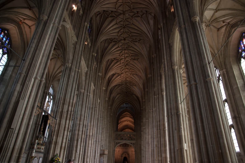 the tall gothic architecture of this cathedral gives a dramatic, yet ornate ceiling