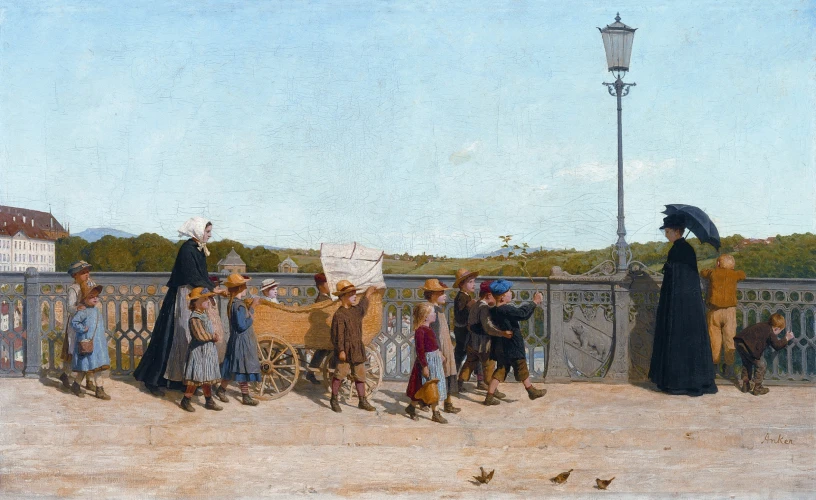 a group of people on a bridge over looking the street