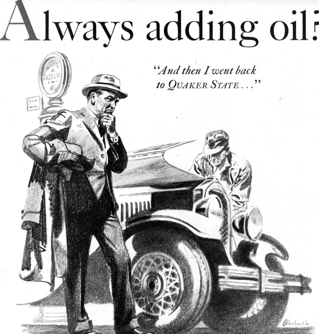 an old advertit featuring a man standing in front of a car