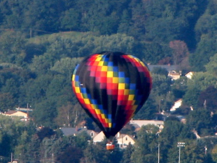  air balloons in front of trees and buildings