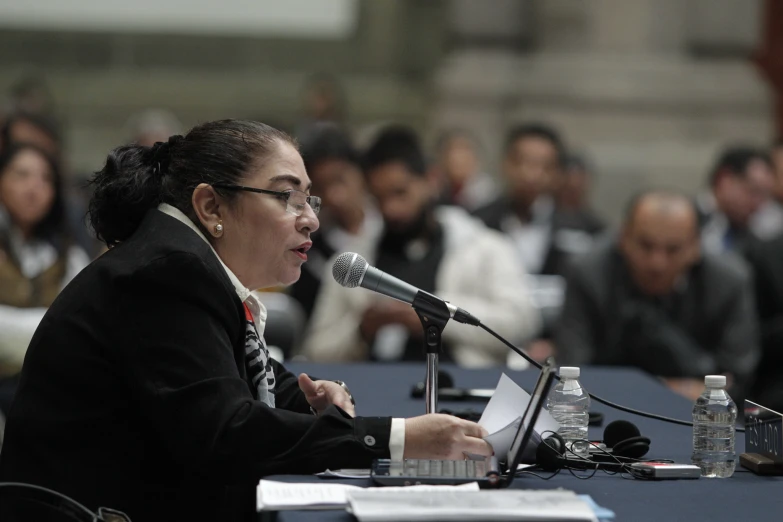 a woman speaking at a long table