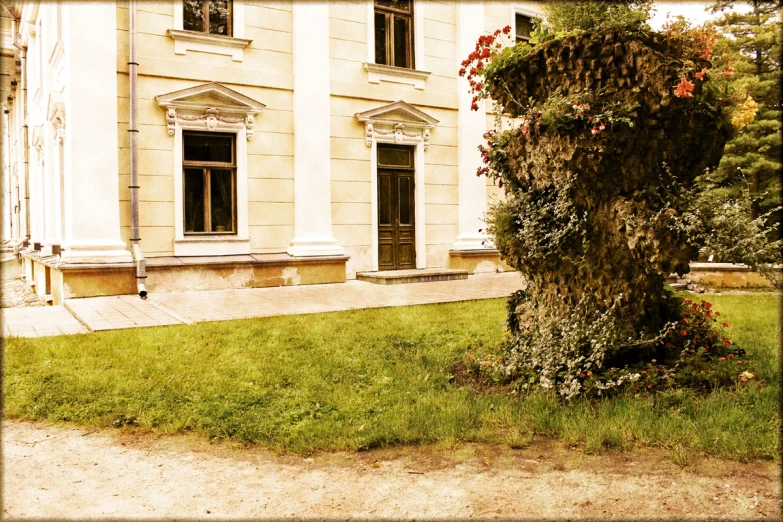 a big building with many windows and plants next to it