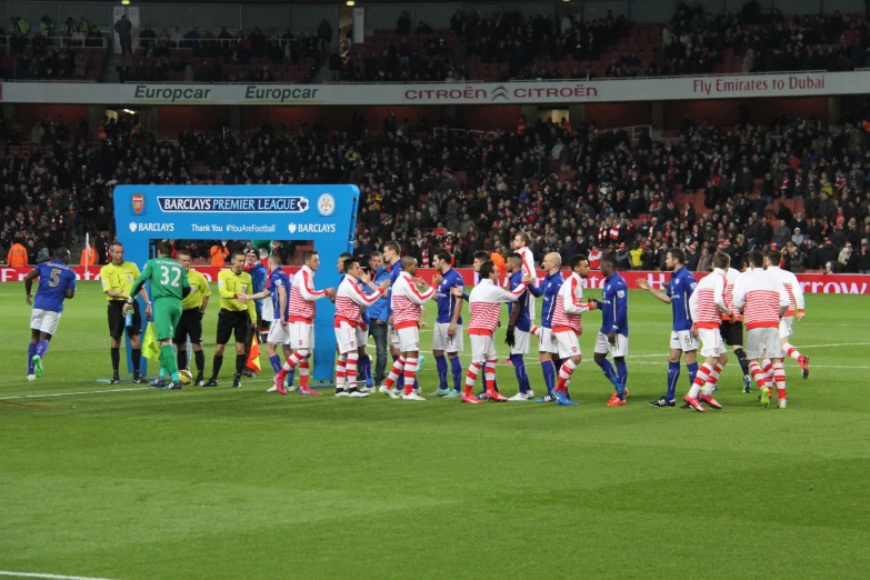 the soccer team is shaking hands with each other