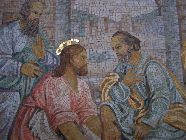 mosaic of jesus appearing to be talking to a man with his head bowed