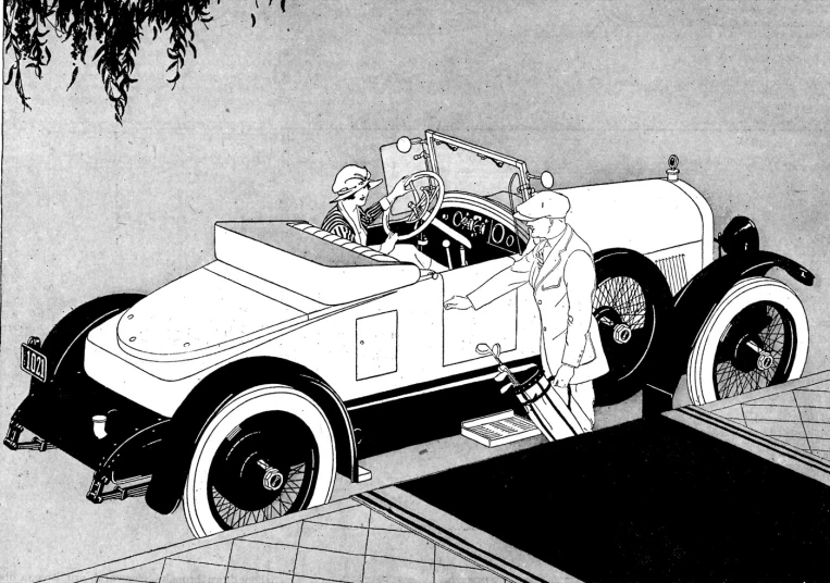 black and white cartoon of a car with an older driver inside