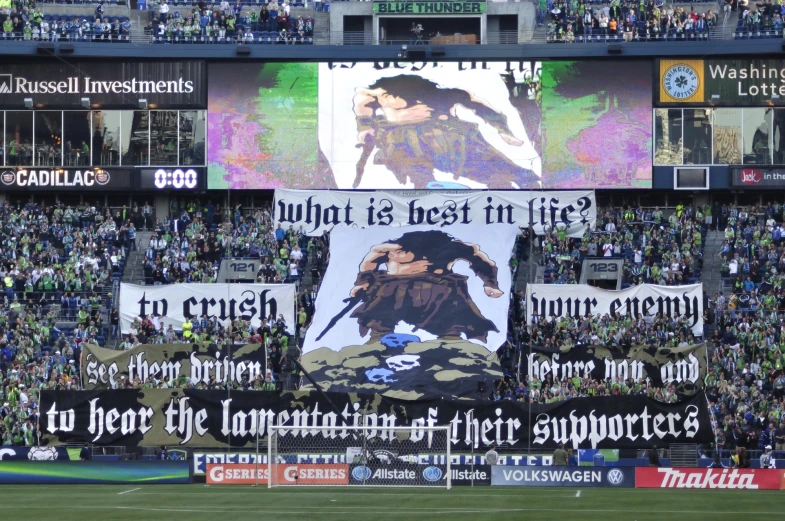 a giant advertit on the sidelines is in the stands