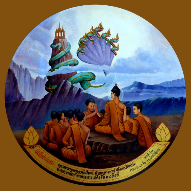 an old painting shows several buddhist monks sitting on rocks