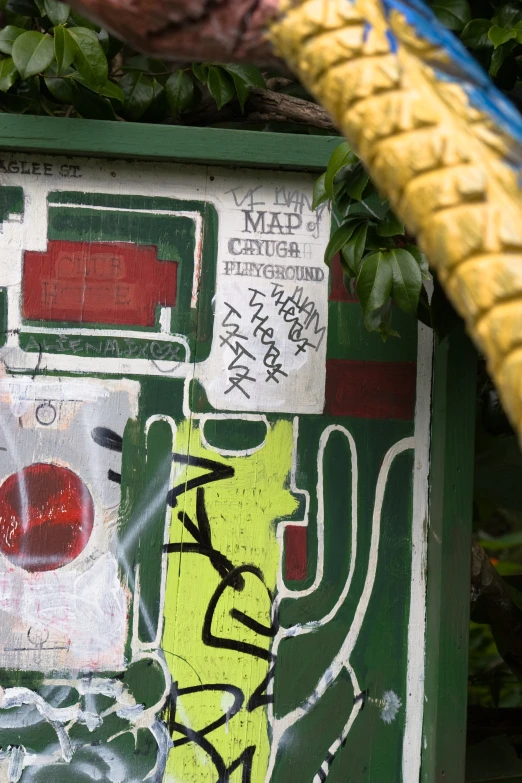 graffiti on a wall behind some large, yellow leaves