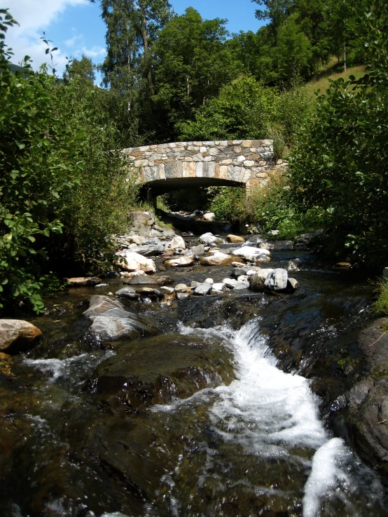 a small stone bridge over some water