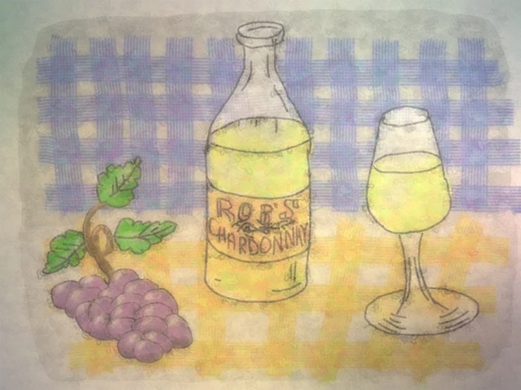 a bottle of wine, a glass and a g sit on a checkered tablecloth