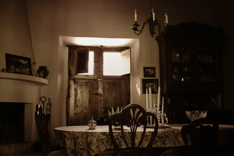 dining room scene with light from an open window