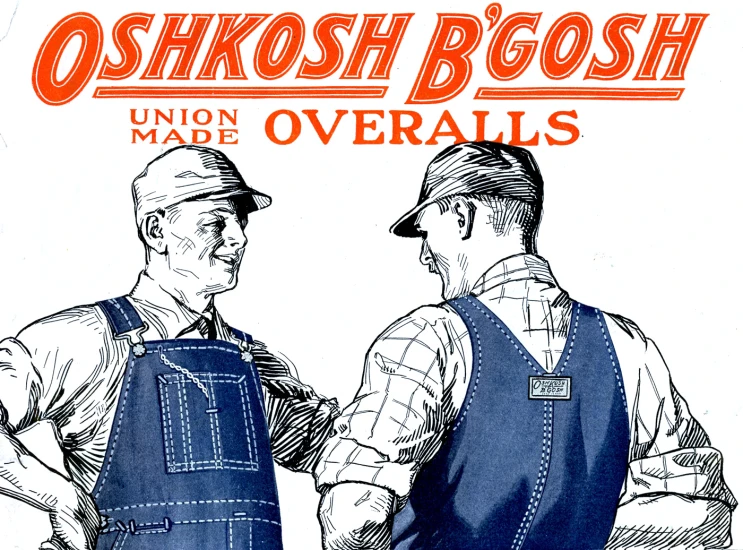 a drawing of two men in overalls one with an apron