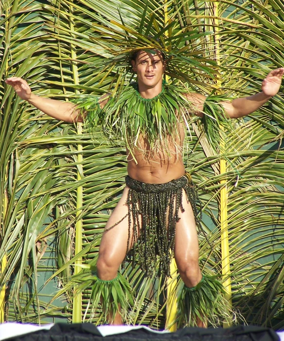 a man dressed in an outfit with chains, grass and flowers on his head