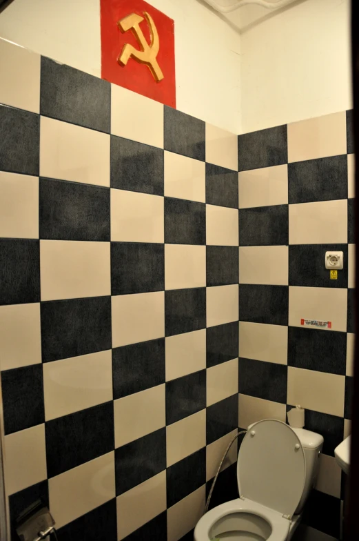 a toilet that is in the bathroom decorated with black and white tiles