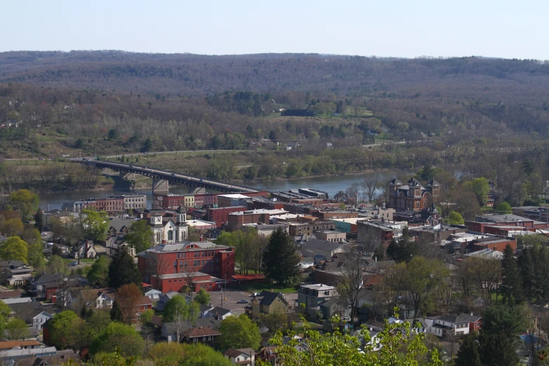 view of the city in the distance with bridge over a river
