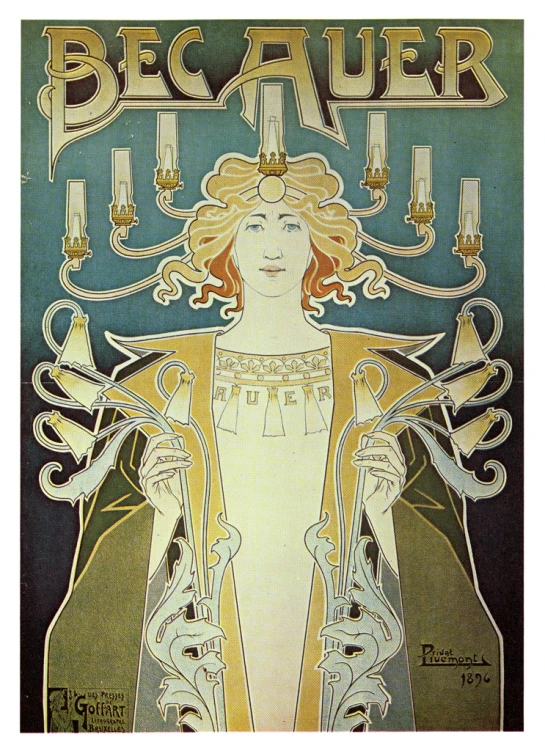 a poster advertising the bec ruer lit light with a lady wearing gold