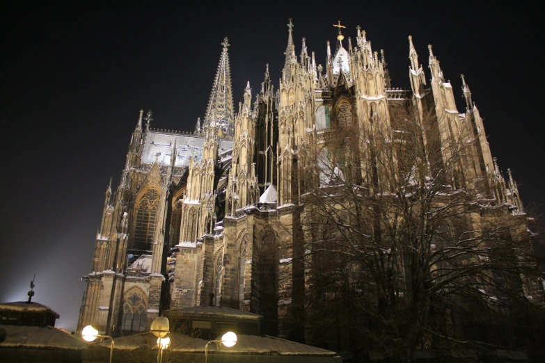 an ornate cathedral lit up at night, with a lamp in front of it