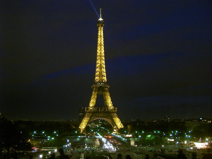 the very large tower has lights at night