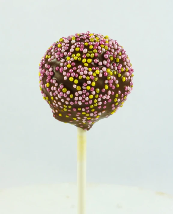 an elaborate decorated chocolate cake lollipop sits on a stick