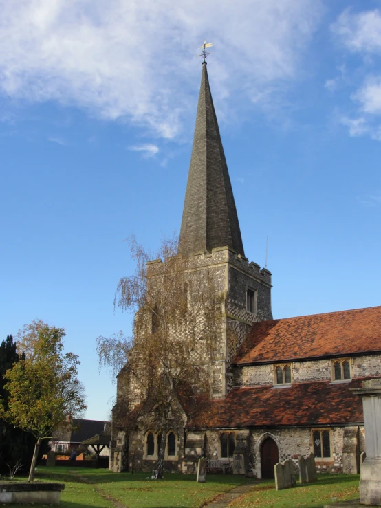 a old church with a large steeple and a tall tree