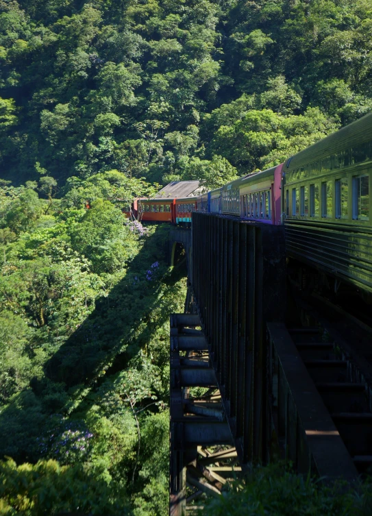 a train is shown on a train track over some green bushes