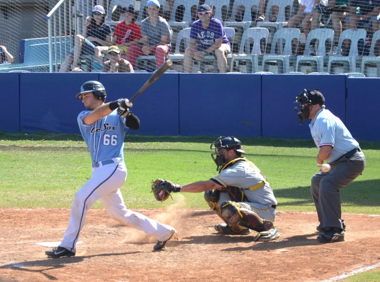 batter, catcher and umpire during baseball game in blue and white uniform