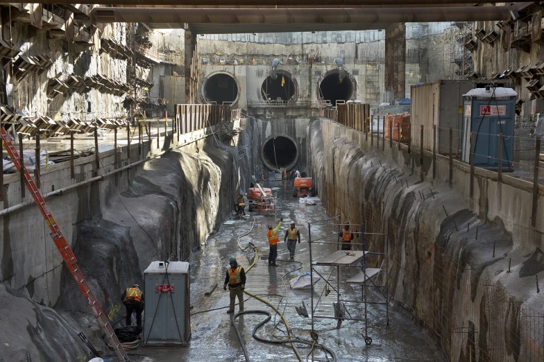 construction workers stand at the site where three large pipes are used