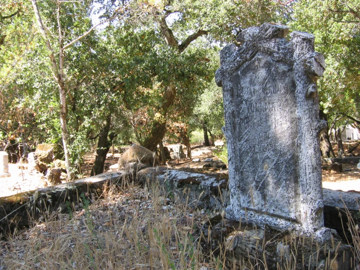 a cement bench sitting next to trees and rock