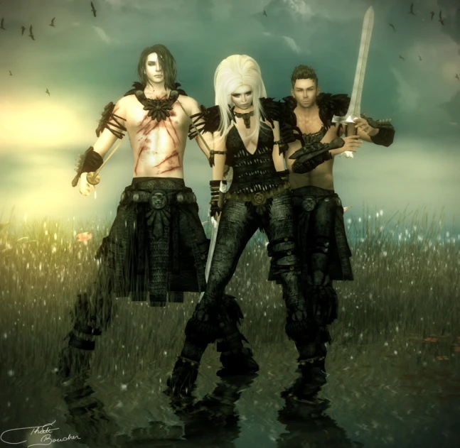 a digital image of three fantasy people with swords