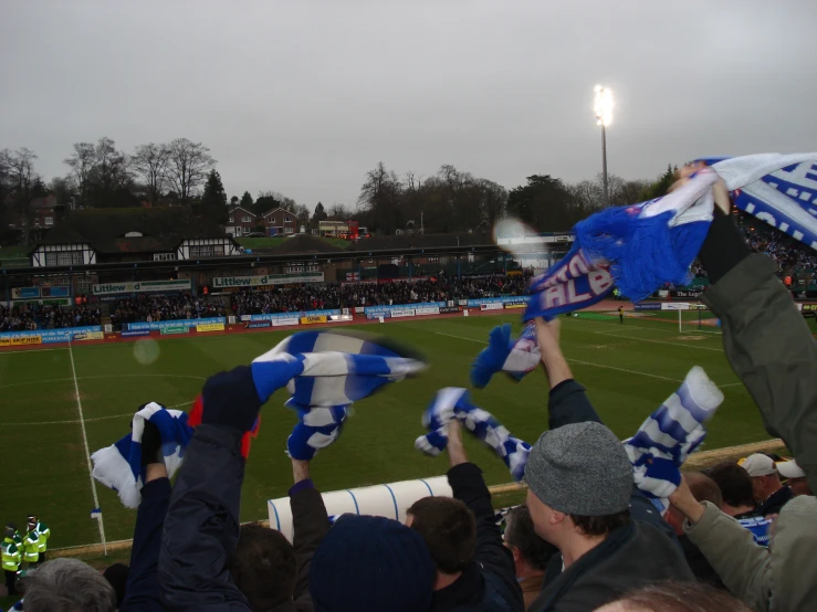 a group of people who are holding up blue and white flags