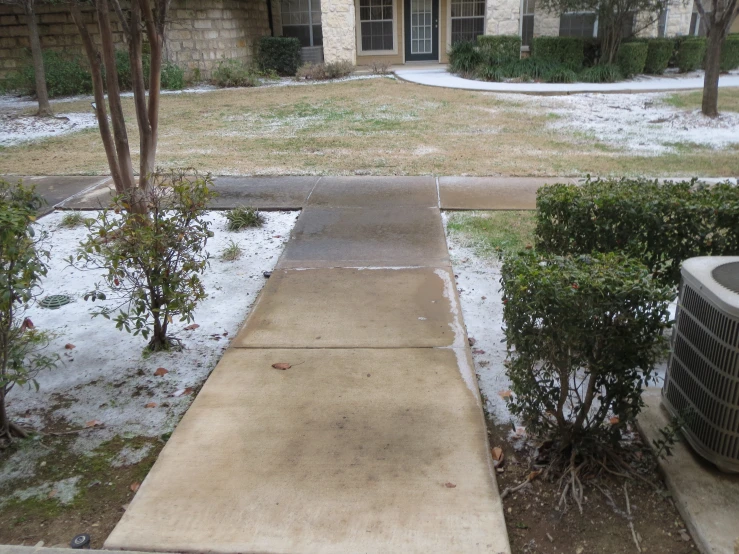 a sidewalk with snow covered ground and bushes