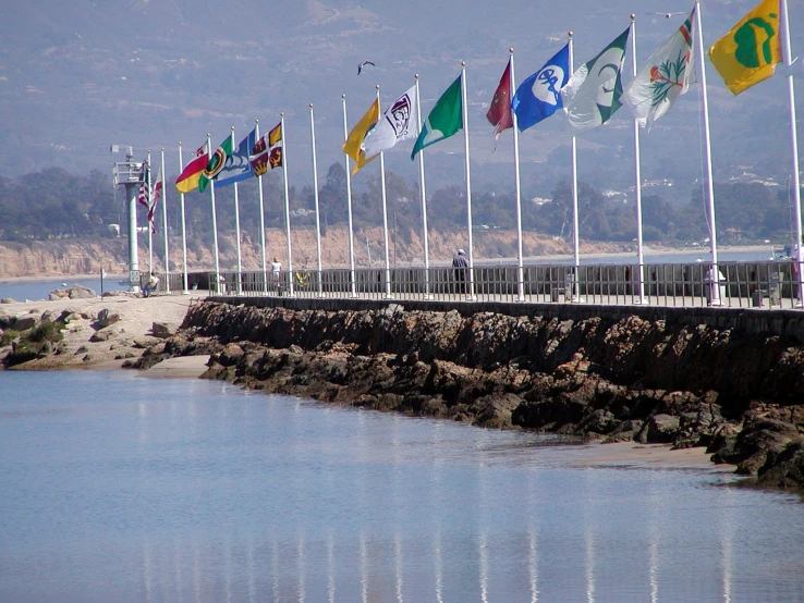 the flags are lined up in front of the water