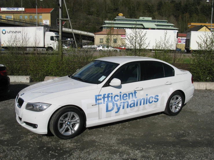 a white bmw vehicle that is advertising efficient dinamus