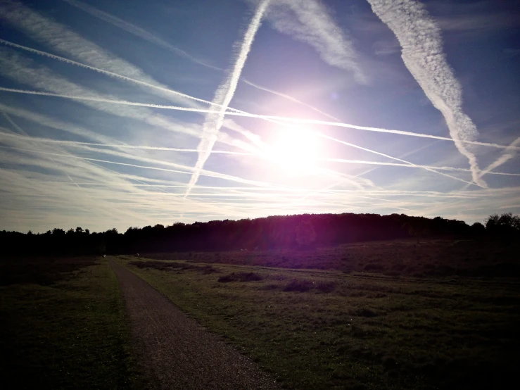 the sky is full of lines as seen from the road