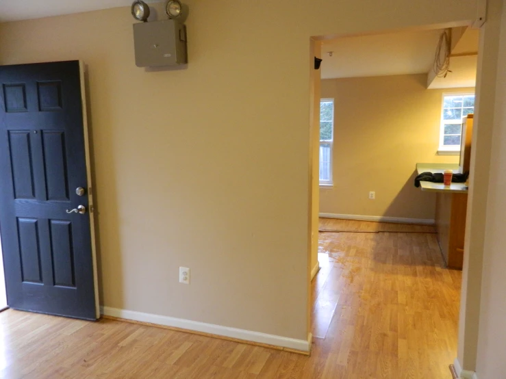 the interior of an empty house with a black door