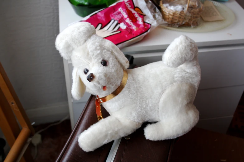 a stuffed dog sits on a desk next to a shoe bag and basket