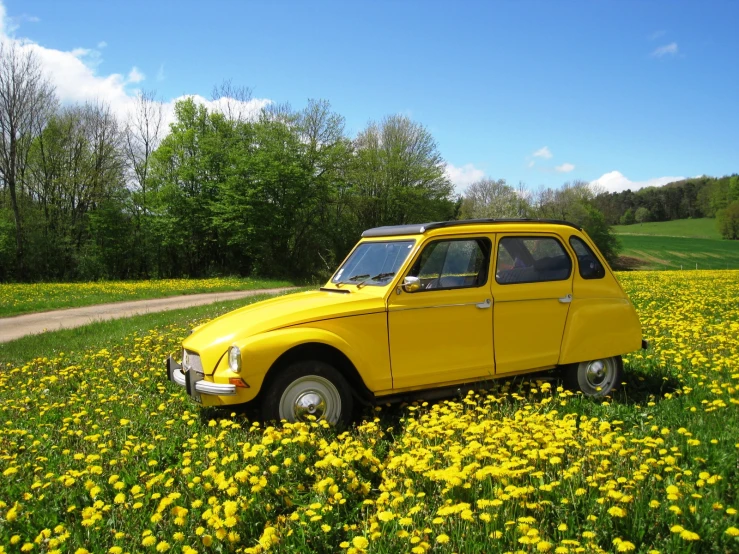 an old yellow car is sitting in a field of dandelions