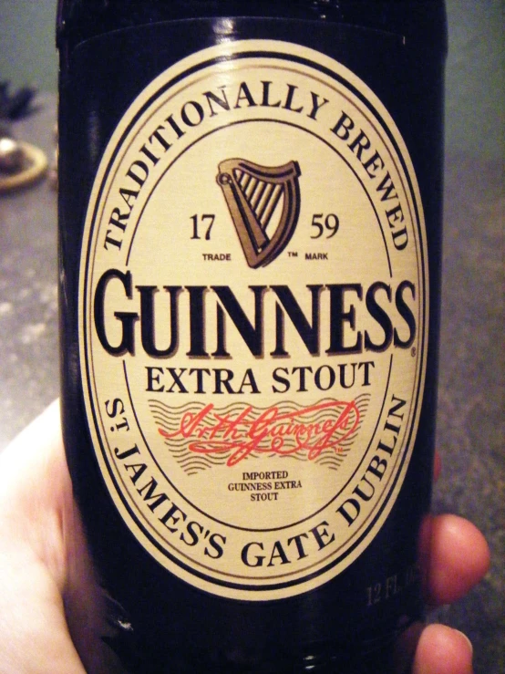 a person holding a bottle of guinness extra stout
