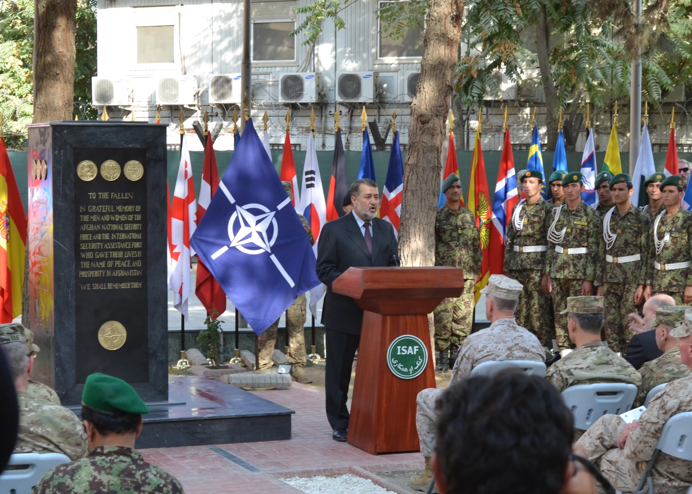 there is a speaker at a podium with flags in the background