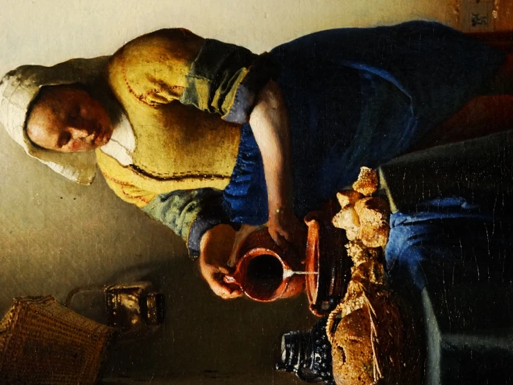 an oil painting on canvas of a woman pouring soing into a jug