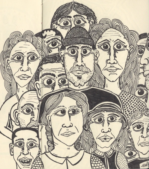 a black and white drawing of people with eyes