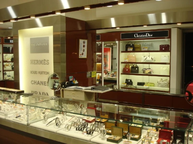 an inside of a shop with glass display cases