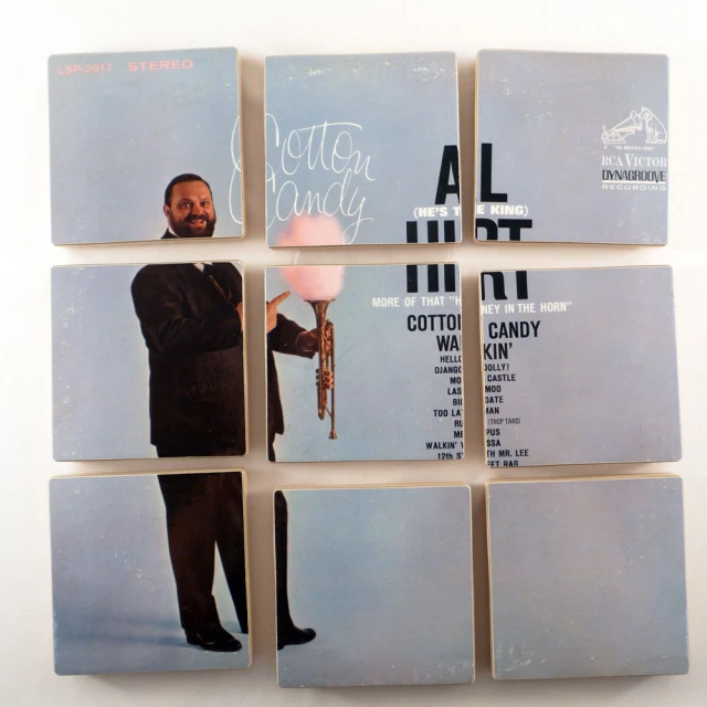 four different album covers with an image of a man holding a balloon