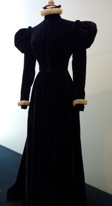 a woman's long dress with a velvet collar and cuffs