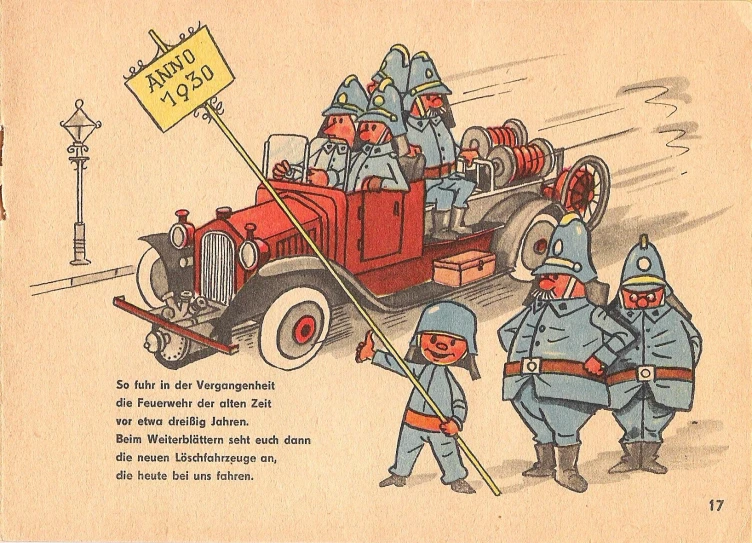cartooned pictures of men in winter clothing and with a firetruck
