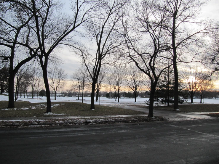 the sidewalk is next to the snow covered trees