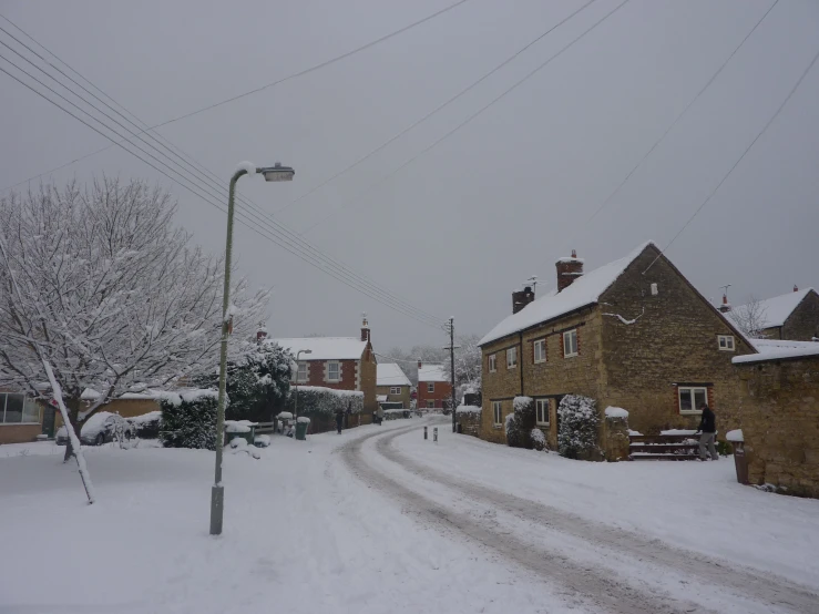 street with snowy buildings and lots of trees