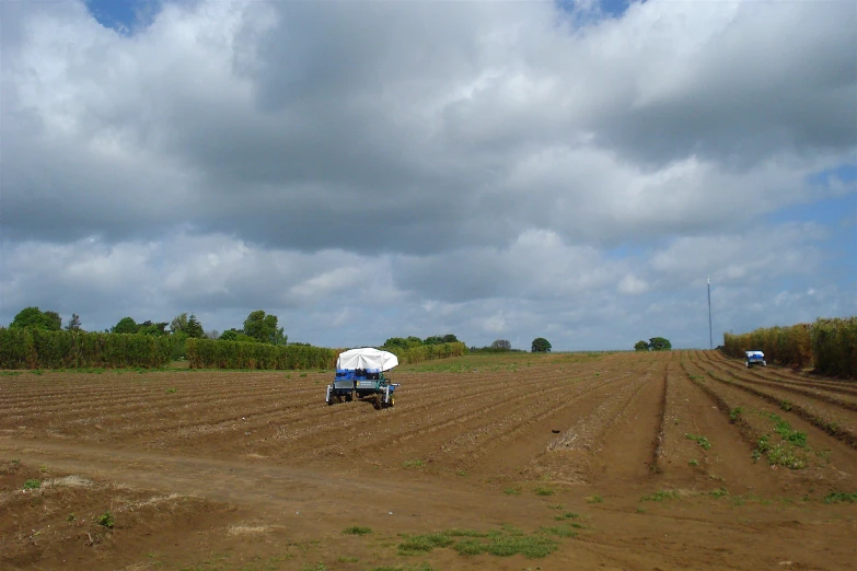 a truck in a field with one person sitting on it