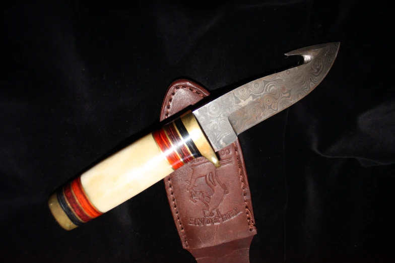 a knife that is sitting on top of a leather case