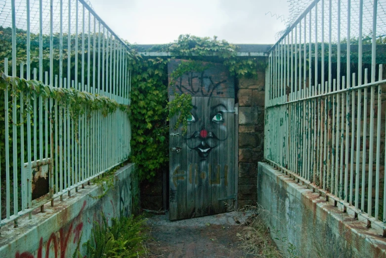 there is a rusty gate with a door with the face of another person